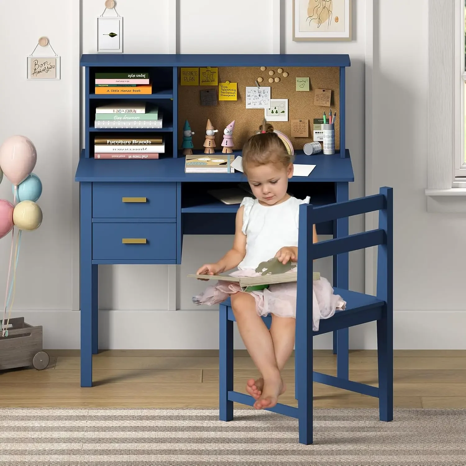 Ensemble bureau et chaise pour enfants, table d'étude en bois pour enfants avec clapier, babillard et bureaux d'étude pour étudiants, bureau d'ordinateur