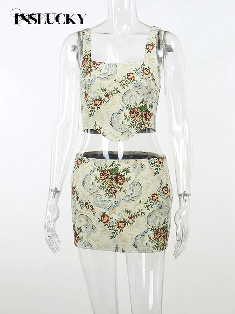 InsLucky-Vintage Floral Print Skirt Suit for Women,Sleeveless Corset Tube Crop Top,Matching Outfits,Elegant Retro Two Piece Set