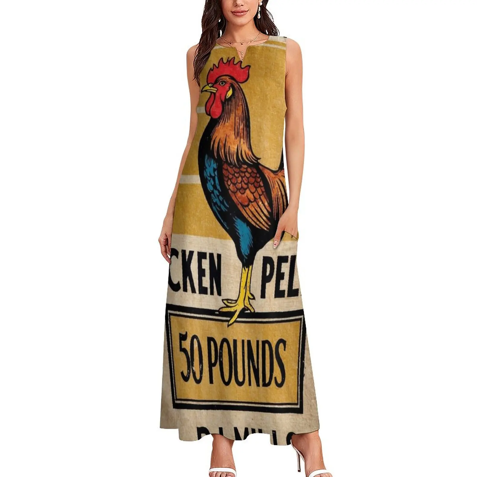 Prairie Farms Rooster Grain Sack Long Dress Women's summer skirt dress summer 2025 women dresses women summer 2025 Dress