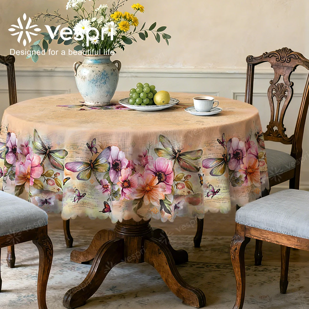 Vespri Spring Tablecloth Floral Butterfly Print Easter Table Cover Light Brown Beige Polyester for Round Rectangle Oval Table