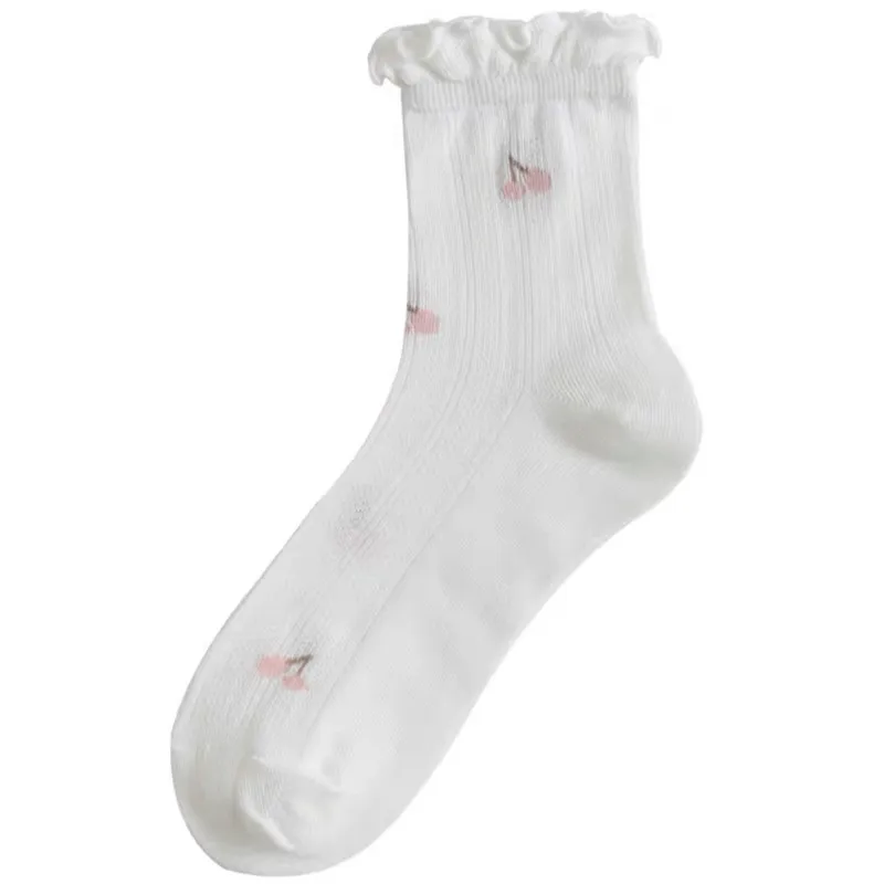 5 pairs of ultra-thin breathable mid-calf socks with spring and summer fruit patterns, versatile mesh socks