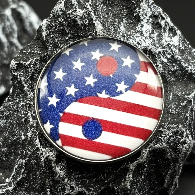 العلم الأمريكي تاي تشي يين يانغ الزجاج جولة ميدالية بروش دبابيس للنساء الرجال الفولاذ المقاوم للصدأ الفضة اللون شارة مجوهرات هدية #5