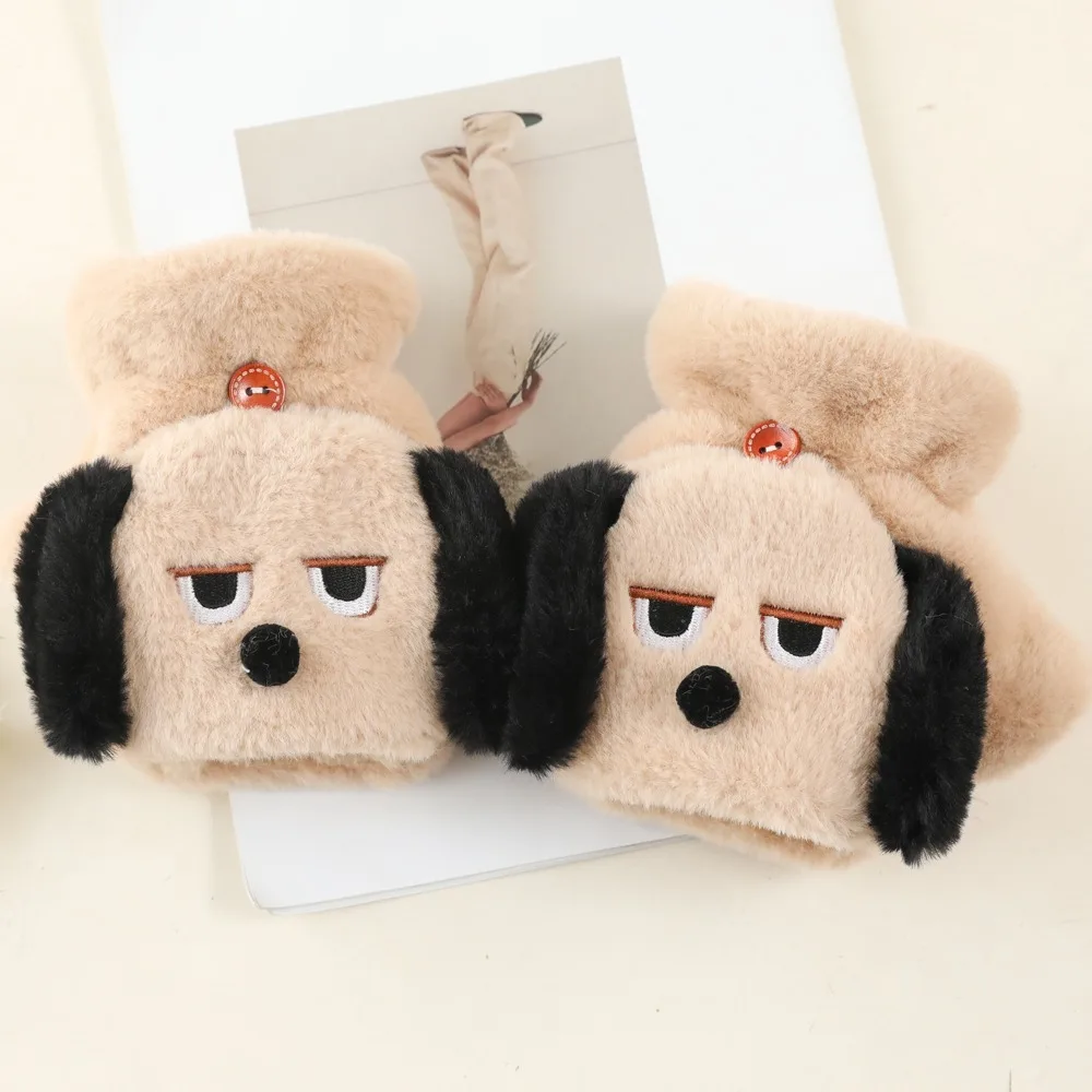 Fashion Dog Cartoon Plush Mittens Thickened Touch screen Half Finger Gloves Korean Style Coldproof Flip Cover Plush Gloves Girls