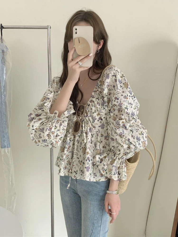 2024 Blusas Mujer De Moda Floral Sweet Crop Blouses for Women Loose V-neck Bandage Shirts Summer Y2k Vintage Folds Blouse Tops