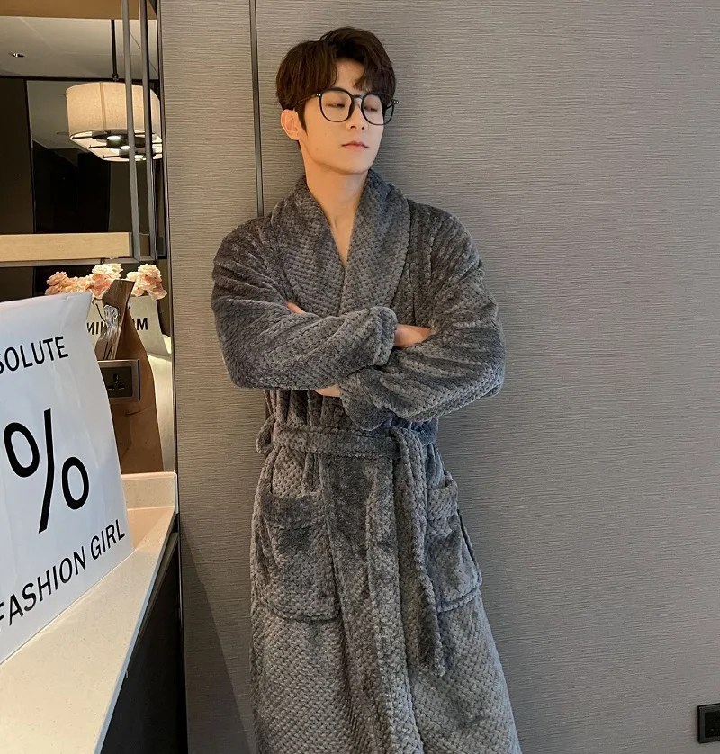 Nightwear Winter Thickened Men\'s Coral Velvet Pajamas Winter Plush Thick Flannel Home Clothing Towel Men\'s Bathrobe Bath Robe