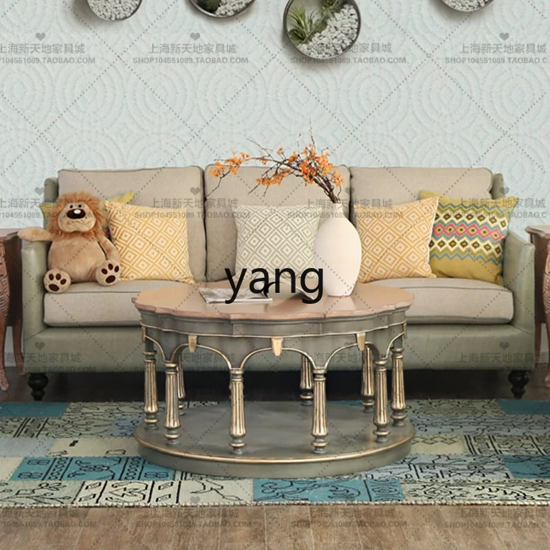 

LMM round Solid Wood Retro Coffee Table Modern Living Room Carved Antique Distressed Tea Table
