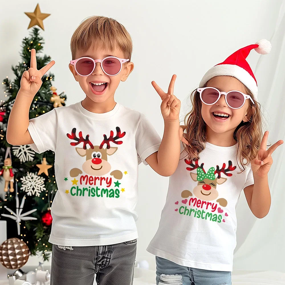 Merry Chirstmas Deer Printed Kids Shirt Christmas Party Boys Girls Outfit Holiday Child T-shirt Child Short Sleeve Tee Clothes