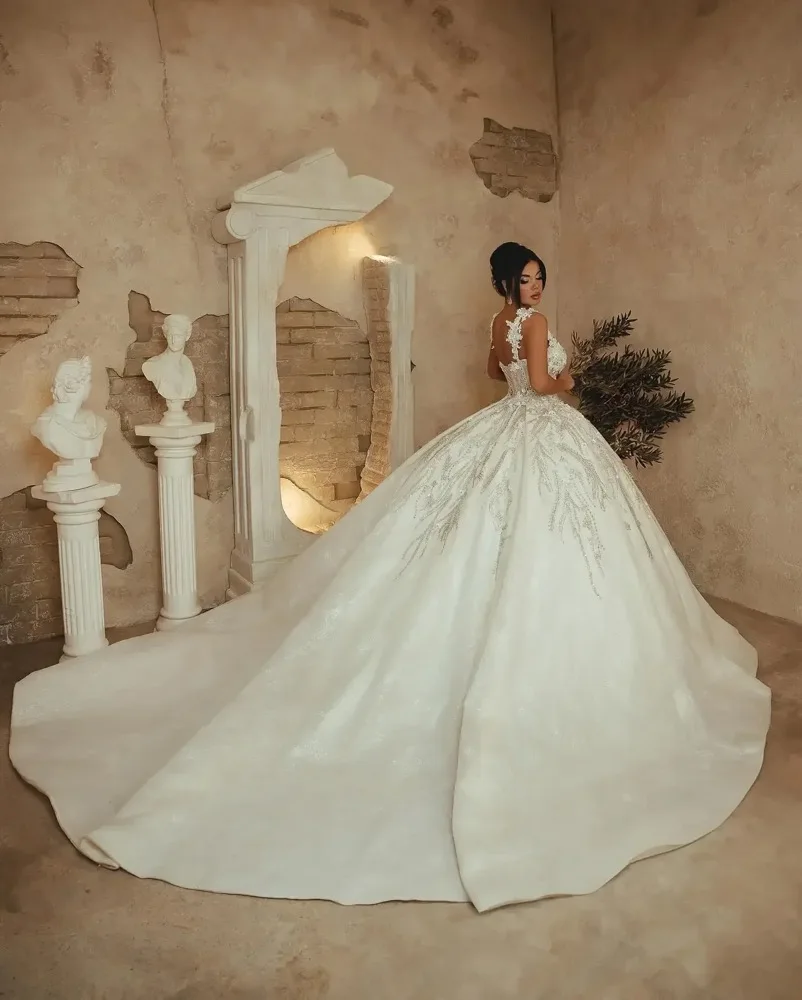 

Charming 3D Flowers Ball Gown Wedding Dresses Luxury Appliques Beading Lace Bridal Gowns Customized Vestido De Noiva