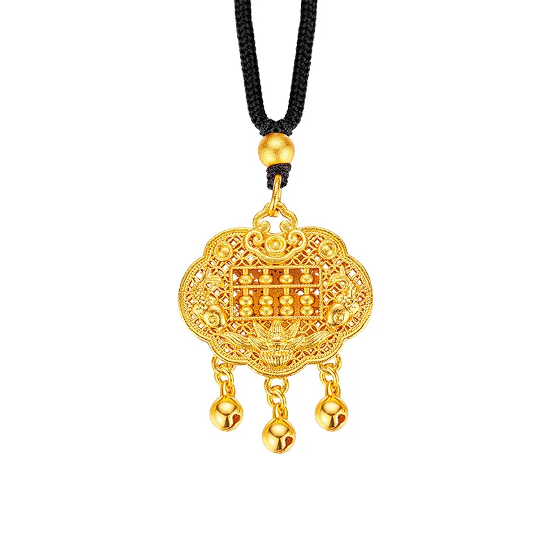 9999 24K Real Gold Antique Longevity Lock Bell Safety Lock Pendant Retro Charm for Wealth Abacus Woven Rope Necklace Baby Child