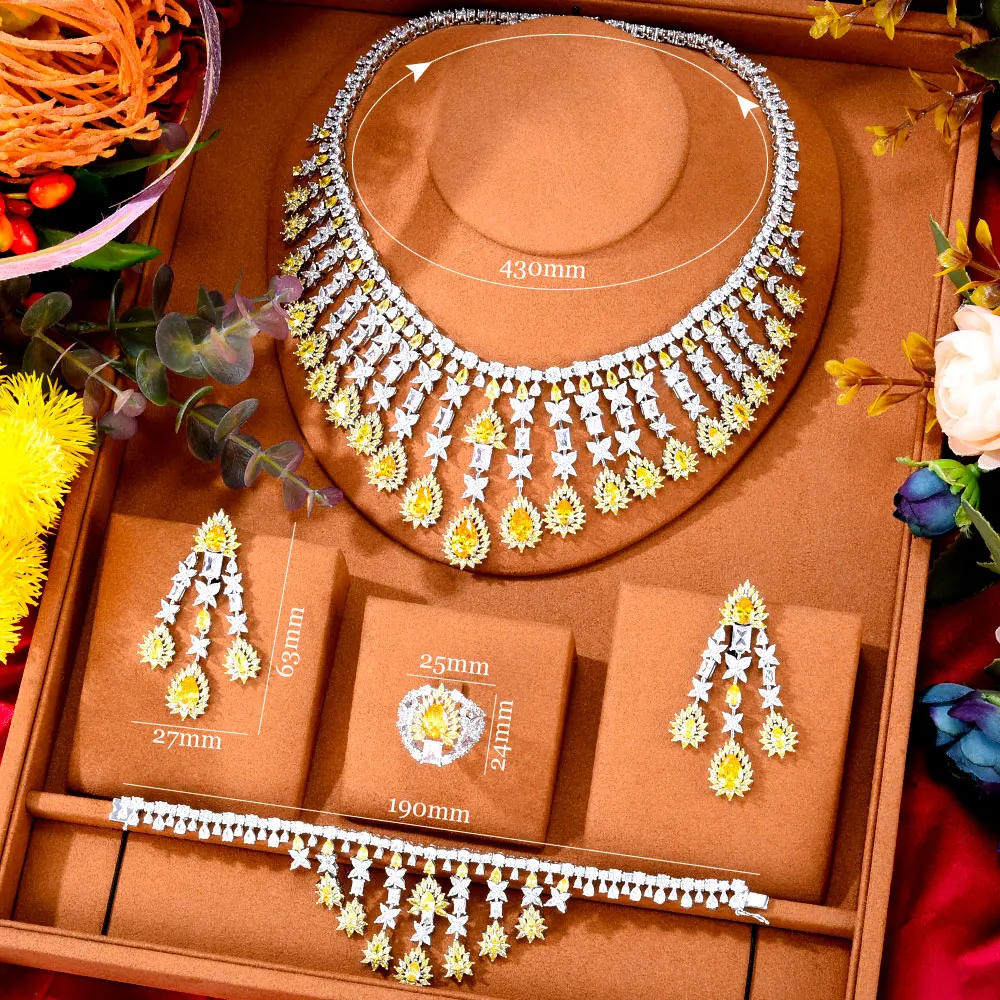 Soramoore Famous Brand 4PCS Yellow Luxury African Jewelry Set For Women Wedding Party Zircon Crystal Dubai Bridal Jewelry Set