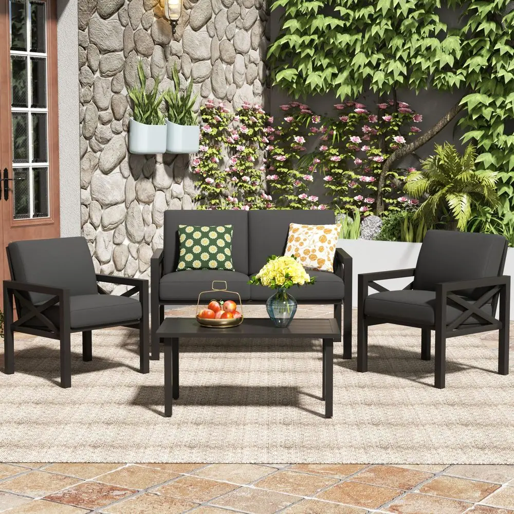 

Outdoor Patio Furniture 4 Pieces Set, Modern Patio Conversation Sets, Outdoor Sectional Metal Sofa with 5.5 Inch Cushion and Co