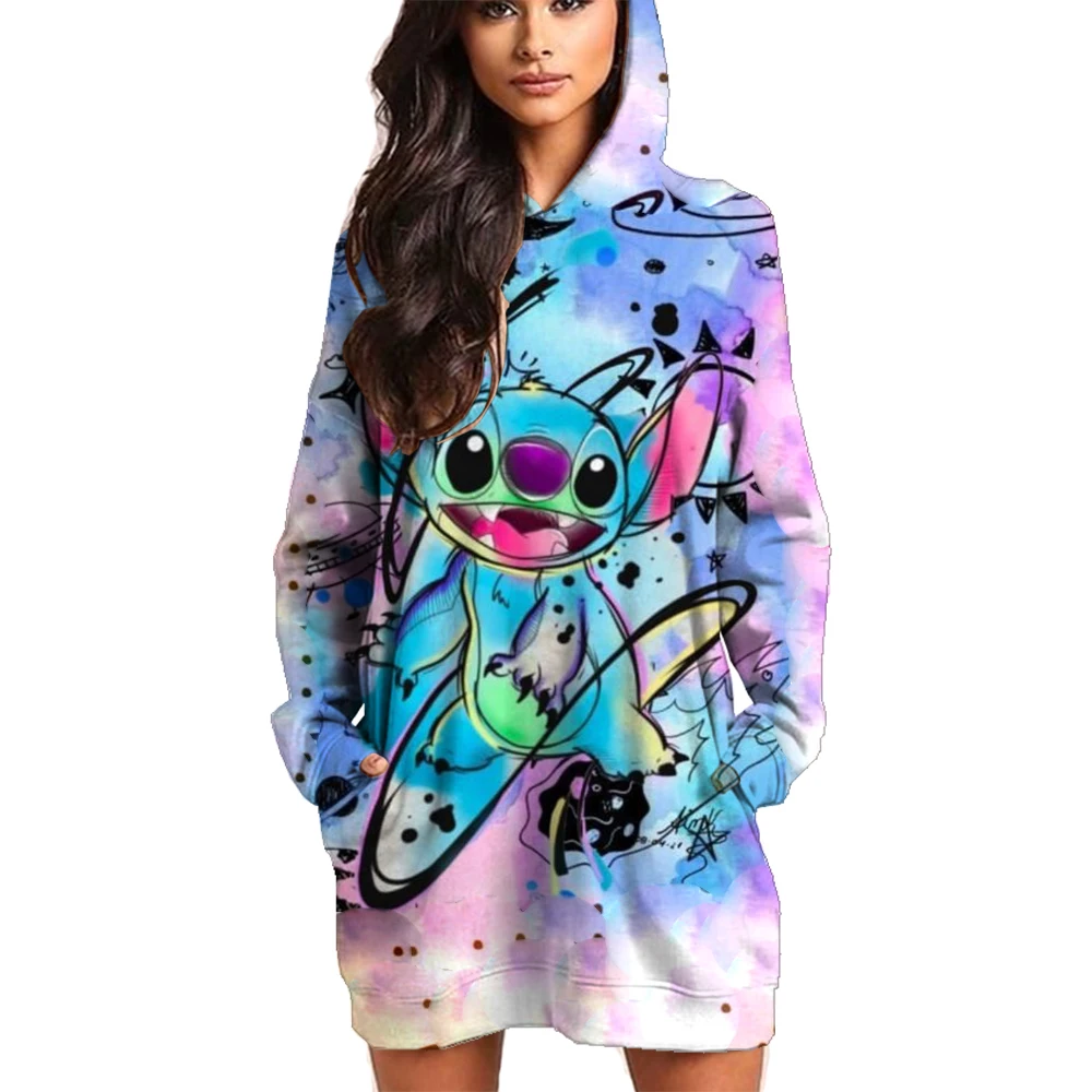 Kawaii Disney Stitch Women's Hoodies Dress Ladies Fashion Leisure S-3XL Youthful Woman Clothes Lovely Black Hoodie Winter Y2k