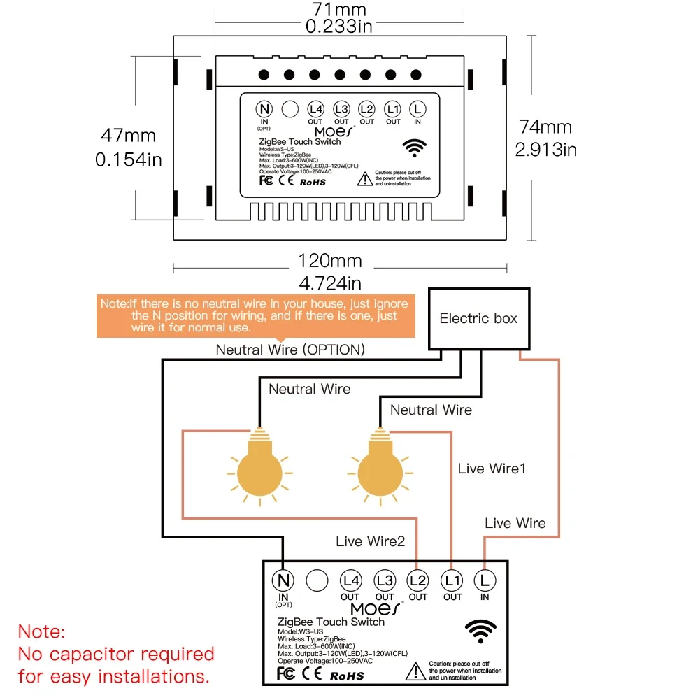 ZigBee-Interruptor de Luz Inteligente, Painel de Toque, Sem Capacitor Neutro, Tuya Smart Life, Funciona com Alexa,Google Hub e Google