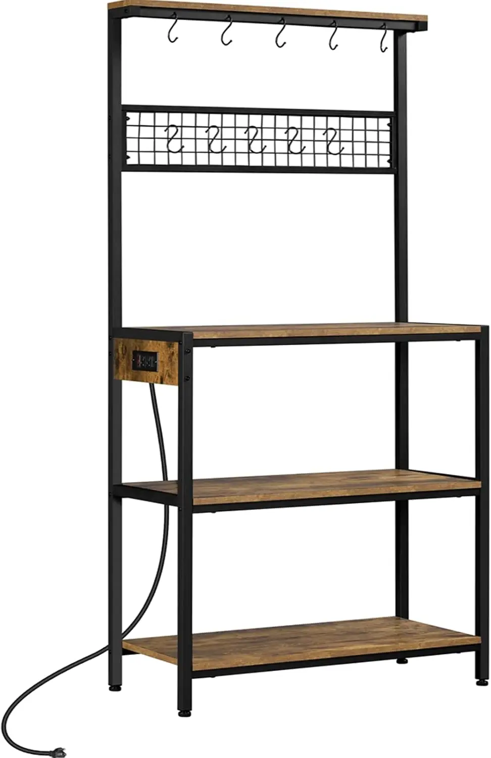 

Bakers Rack with Power Outlet, Microwave Stand Coffee with 10 S-Hooks and Adjustable Feet, 4-Tier Kitchen with Metal Wire Pan