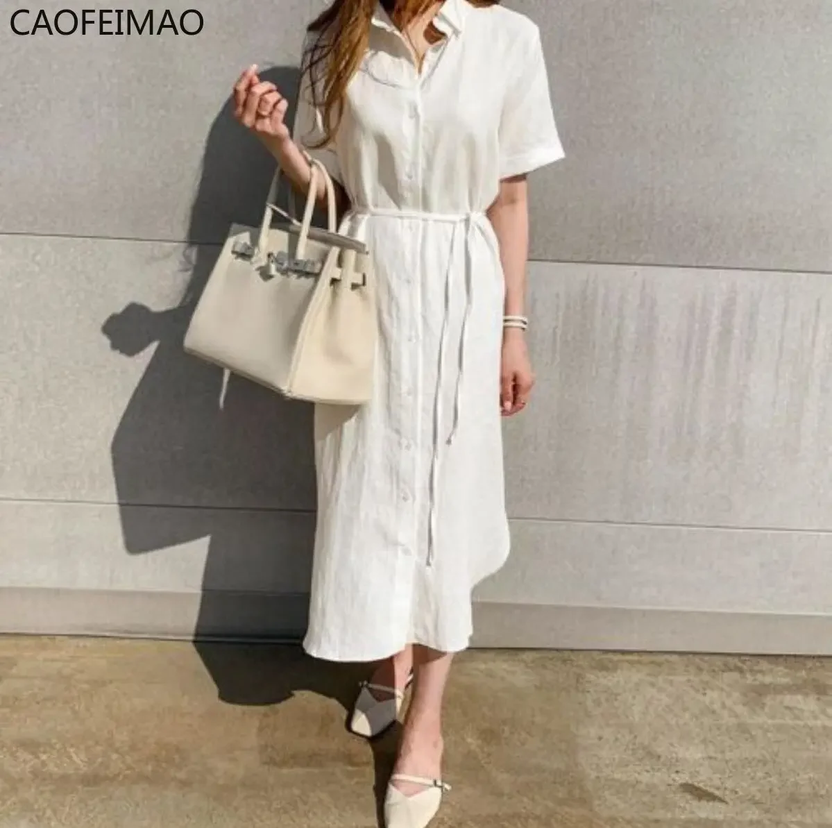 

2025 Summer Dress New Fashion Korean Version Streetwear Women Simple Loose Lapels Tie Waist Short Sleeve Shirt Dress Long Skirt