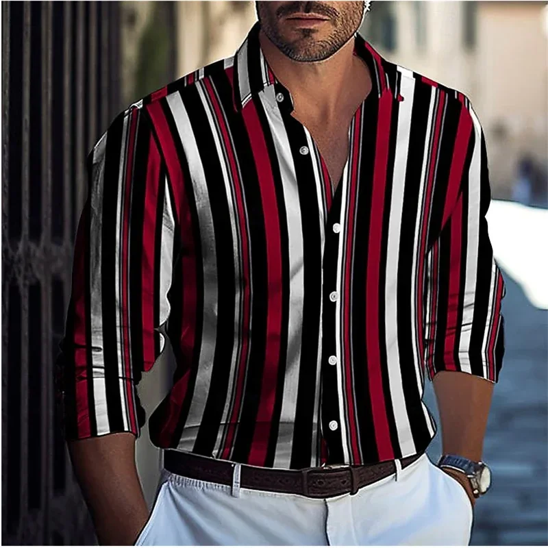 2024 Striped Comfortable Fashion Casual Men\'s Shirt Button Shirt Vacation Daily Spring Autumn Lapel Long Sleeve Blue Shirt 6XL