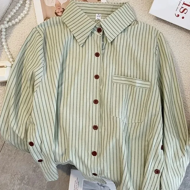 Women's Light Green Striped Shirt Casual Button Down Collar Blouse with Chest Pocket view 5
