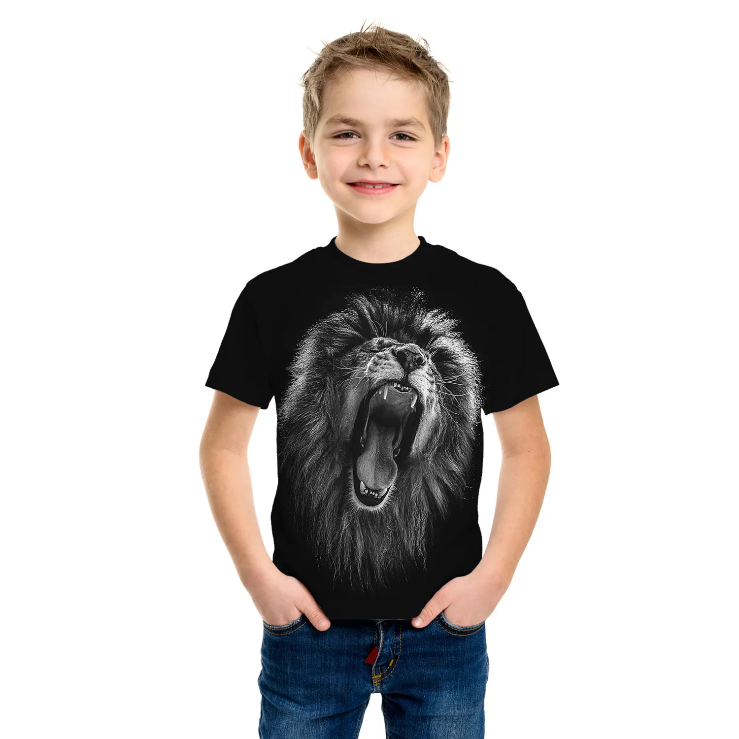 Camiseta elástica con patrón de León para niños, camisa transpirable, cómoda, para actividades al aire libre, ropa informal