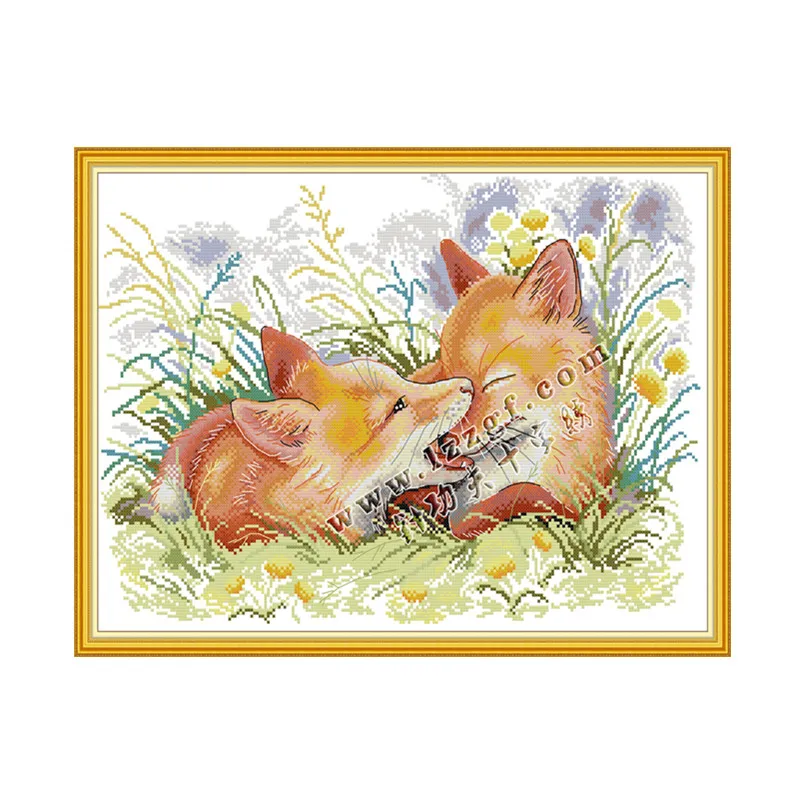 

Two playful foxes cross stitch kit bird winter snow 14ct 11ct count printed embroidery DIY handmade needlework craft