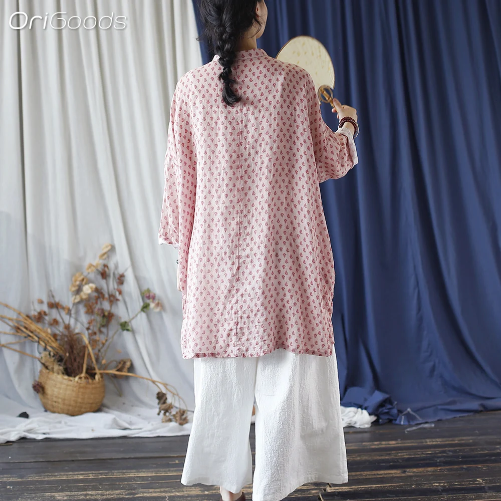 OriGoods Camicia lunga stampata rosa oversize in lino Donna Abiti in stile cinese Ramie 100% Camicetta lunga estiva Top oversize X024