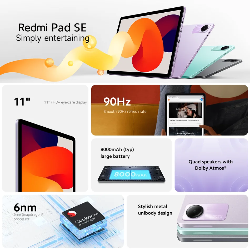 샤오미 레드미 패드 SE 글로벌 버전, 11 인치 FHD + 90Hz 디스플레이, MIUI 패드 14, 스냅드래곤 680 미 태블릿, 8000mAh, 10W 충전, 8MP 캠