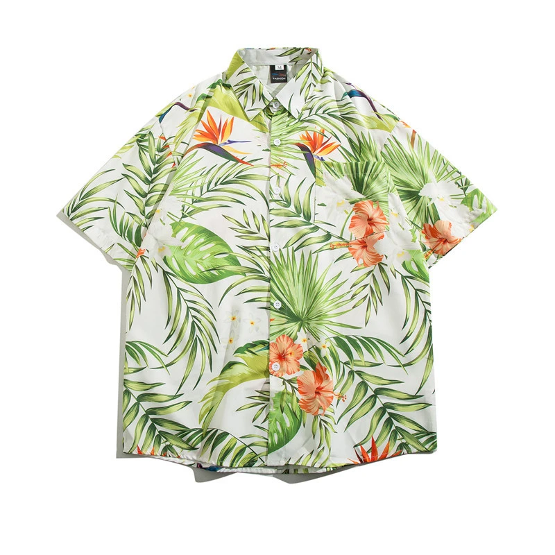 

EBAIHUI Hawaiian Blossom Shirt Men Hong Kong Style Short Sleeved Male Blouse Summer Loose Beach Vacation Fragmented Blusas Coat