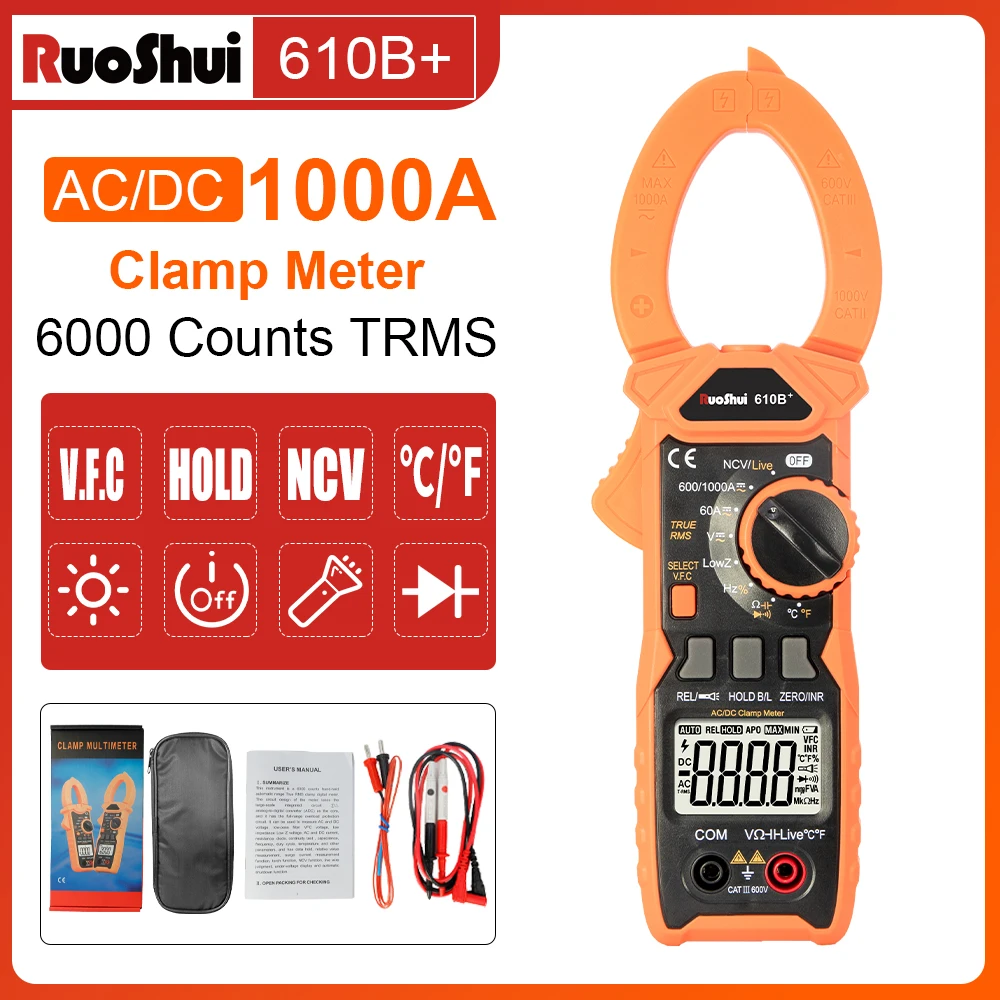 

VICTOR Digital Clamp Multimeter Tester 1000A AC/DC Current Voltage Amp Clamp Meter 6000 Counts Auto Ranging Volt Meter 610B+