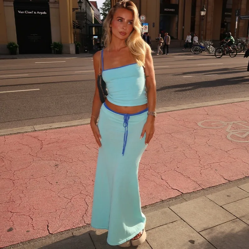 

Tuularose Casual Women Two Piece Sleeveless Sheath High Waist Strap Backless Long Dress Suit Summer Beach Vacation Women Suit