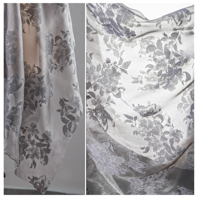 Grey Semi Transparent Plant Embroidery Texture Jacquard Light Yarn Three-dimensional Relief Dress Clothing Designer Fabric