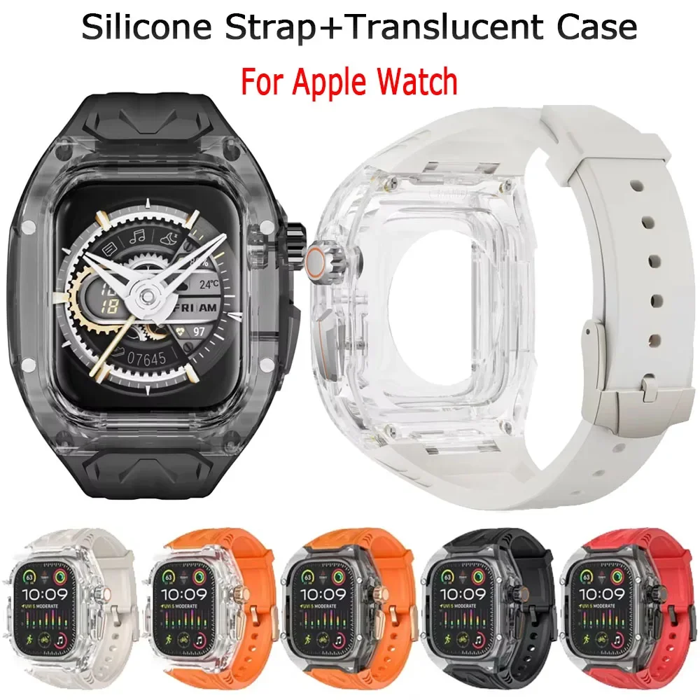 Bracelet en silicone + coque translucide pour Apple Watch 11 10 9 8 7 46/42/41/45mm, coque de protection tout compris iWatch Ultra3 2 6 5 SE3