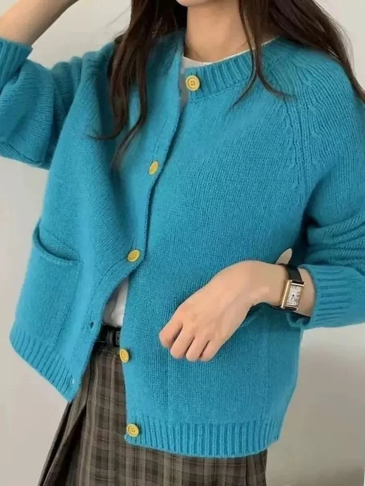 

Loose Knitted Blue Sweater Coat Women's round Neck Long Sleeve Autumn Winter New Style Comfortable Casual Fashion Korean Version
