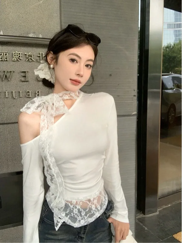

Retro American Pure Desire White oulder Bared Long Sve T-irt Women's Autumn Winter Lazy Sle Lace Splice ort Top
