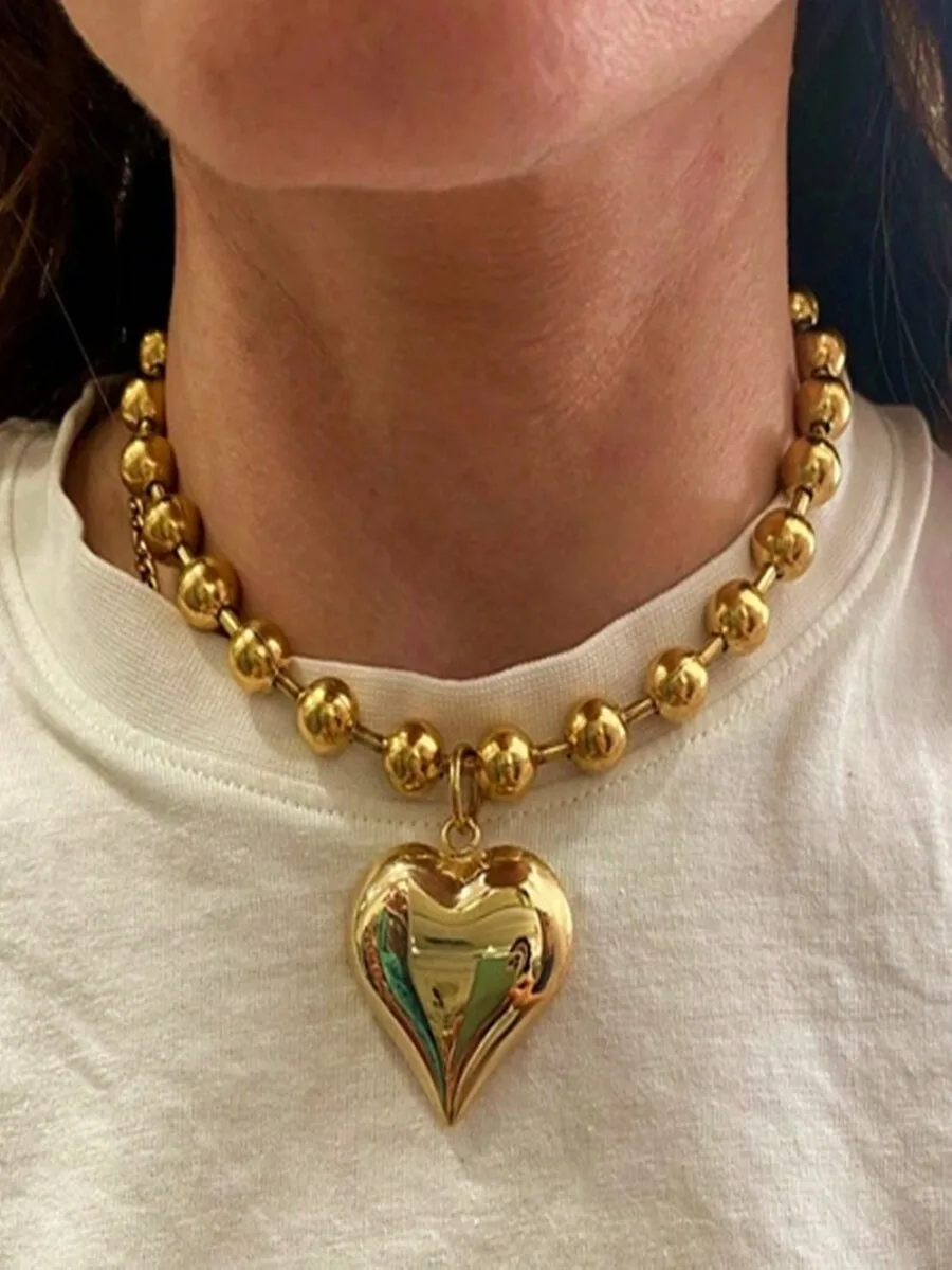 Collar de Cadena de Bolitas de Acero Inoxidable de 8mm con Colgante de Corazón Grande Dorado, Accesorio de Joyería de Moda para Mujer, San Valentín, Mamá
