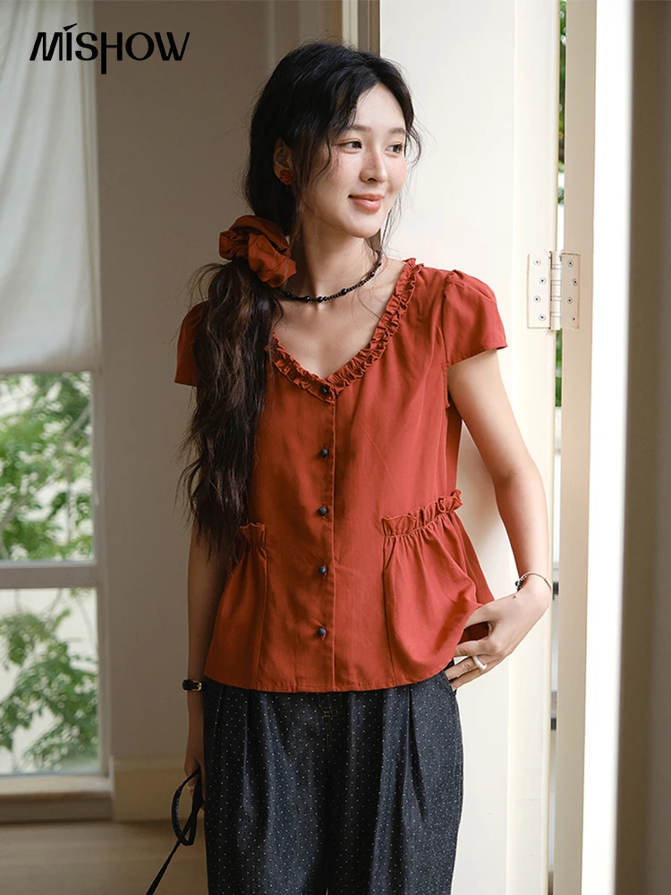 

MISHOW Women's Summer Clothes 2025 Fashion Mushroom Edge V-neck Blouse Office Lady Casual Short Sleeve Button Top MXE38X1867