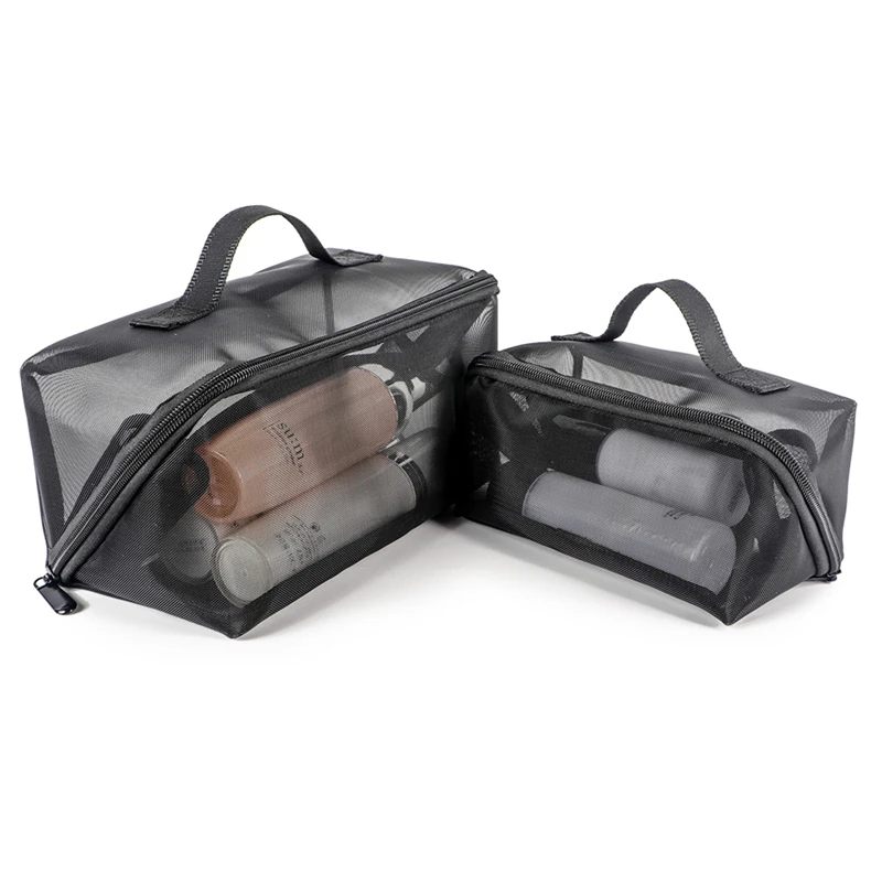 

Portable Black Hand-held Travel Makeup Bag Breathable Mesh Clear Cosmetic Bags Foldable Large Women Fitness Bath Storage Bag