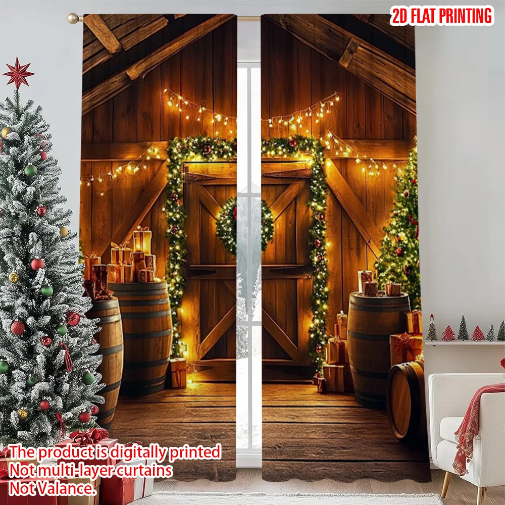 

2pcs 2D flat printing Christmas Party Curtain Christmas Barn Scene Versatile Polyester Fabric Without Electricity Festive