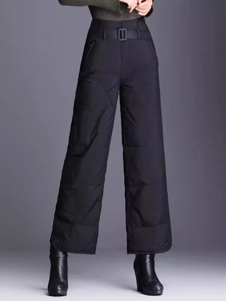 Pantalones rectos ajustados de cintura alta para mujer, pantalón grueso y cálido de algodón, holgado e informal, de pierna ancha, invierno, 2024