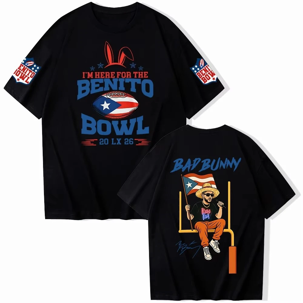 Camiseta Bad Bunny I'm Here For The Benito Bowl LX para hombre y mujer, camisa informal de manga corta con cuello redondo, regalo, moda informal