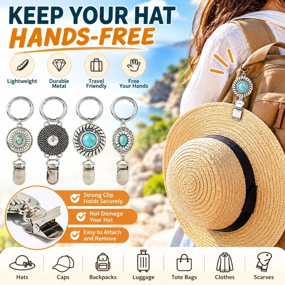 1/4pcs Convenient Boho Hat Clip for Bag Hands Free Lightweight Travel Hat Clip Holder Bag Accessories Metal Cap Keeper Luggage