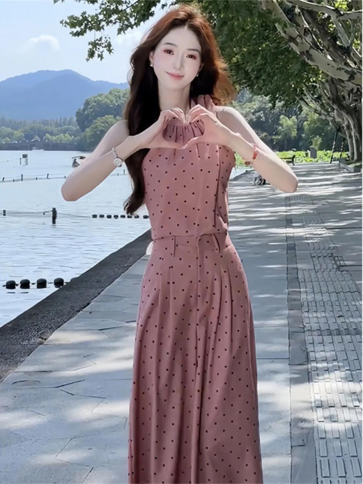 

Summer Polka Dot Drapey Sleeveless Women's Two-Piece Set Elegant Sweet Design Neck Hanging Shoulder Fashionable Wide Leg Pants