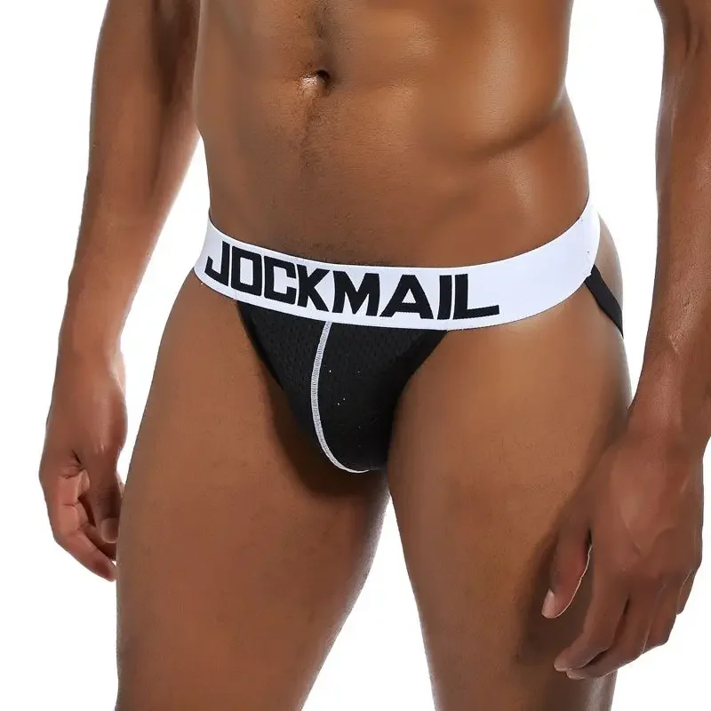 JOCKMAIL marka Sexy bielizna męska paski jock siatka nylonowa oddychająca tanga hombre stringi stringi bielizna gejowska mężczyźni Jockstraps