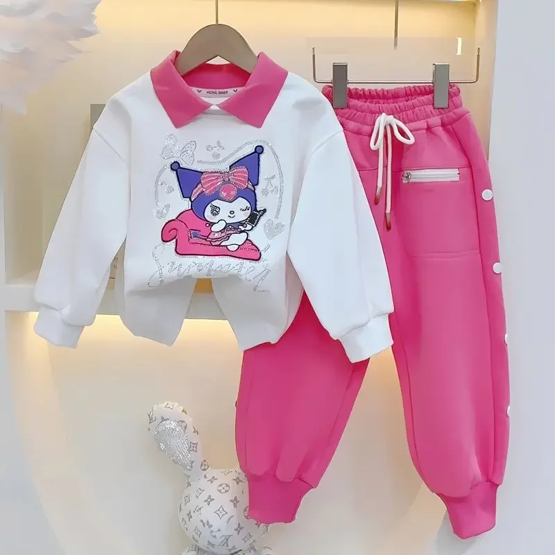 Ensemble pull et pantalon de survêtement Kawai Sanrios Anime Kuromi pour enfants, t-shirt à manches longues, pull de sport pour fille imbibé, vêtements pour enfants, mode, 2 pièces