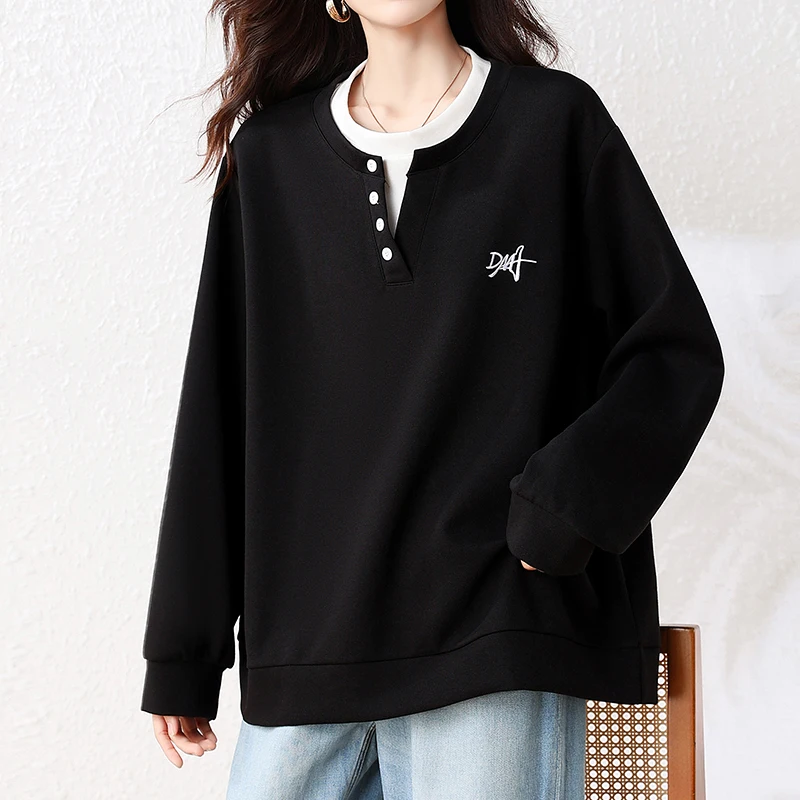 Winter Warm Women Fleece Sweatshirt Long Sleeve Embroidered Thick Pullover Loose Casual Black Pullover Fashion Couple Sweatshirt