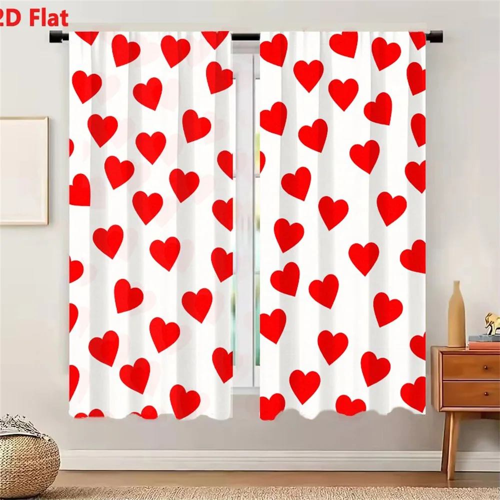 2Pcs Curtains 2D Flat Red Hearts Pattern White Background Small Medium Size Repeating Decorative Design Window Drapes for Bedroo