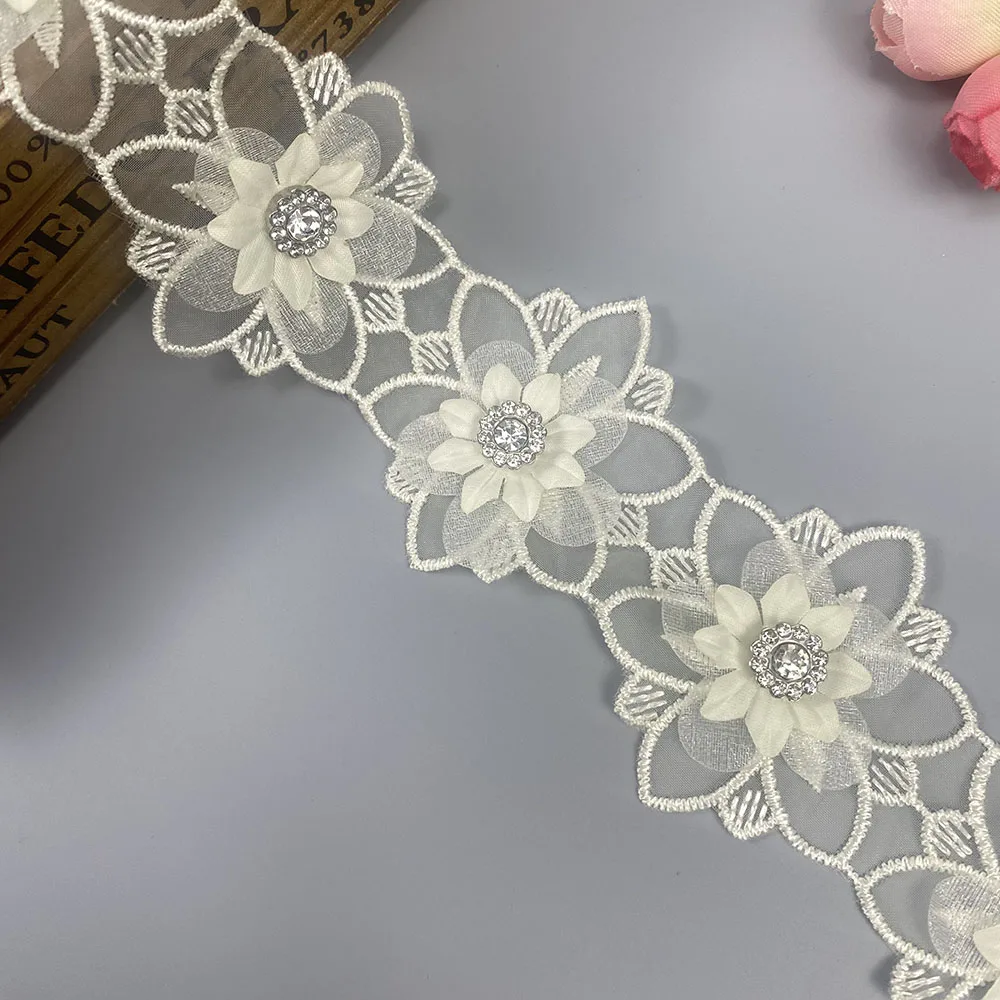 10Pcs Beige Flowers Lace Trim Embroidered Lace Fabric Diamond Sewing Supplies Crafts For Costume Hat Wedding Dress Decoration