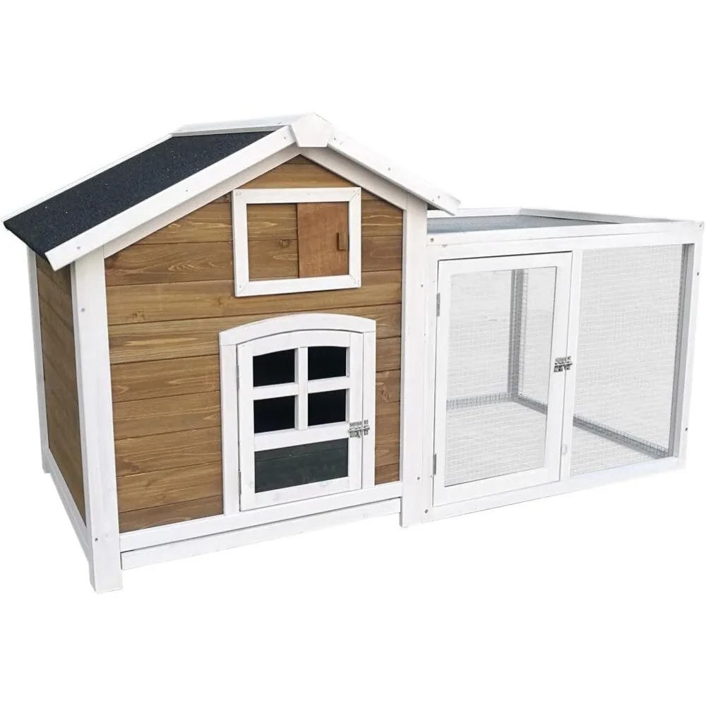 Outdoor Wooden Rabbit Cage with Ramp and Ventilated Wire Mesh Run, Bunny Cage with Waterproof Roof Removable Tray and Two Door