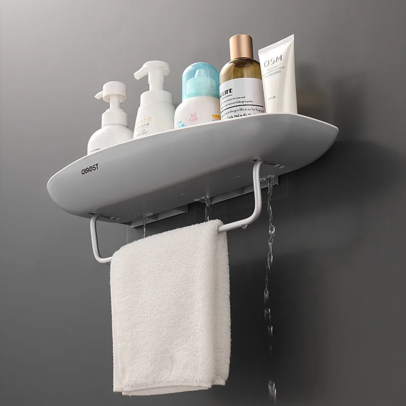 Wall Mounted Plastic Storage Rack, Non-Perforated, Bathroom and Kitchen Toiletries Storage Rack, Towel Rack