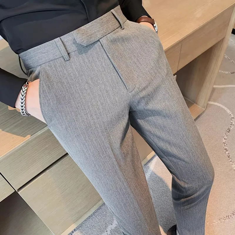 2023 Autumn Winter Striped Suit Pants Men Slim Fit Business Casual Dress Pants Wedding Office Social Trousers Men Clothing
