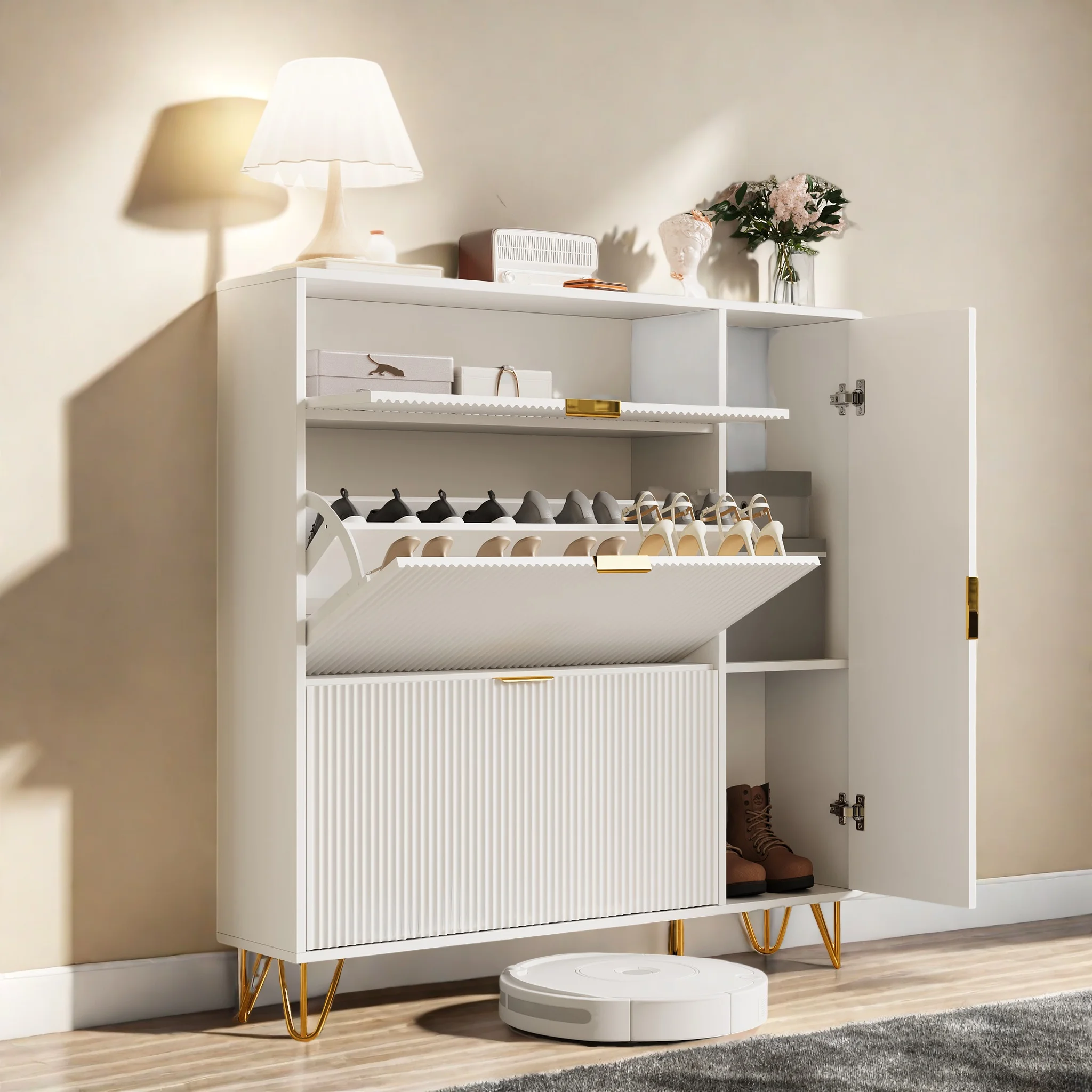 Rosahqnda moderne witte houten schoenenkast voor entree, schoenenopbergorganizer met 2 opklapbare laden, zijopbergruimte voor laarzen