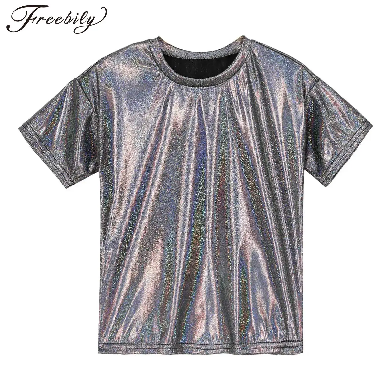 Kids Boys Girls Shiny Metallic Jazz Street Dance Tops Short Sleeve T-shirt Children School Party Stage Performance Dancewear